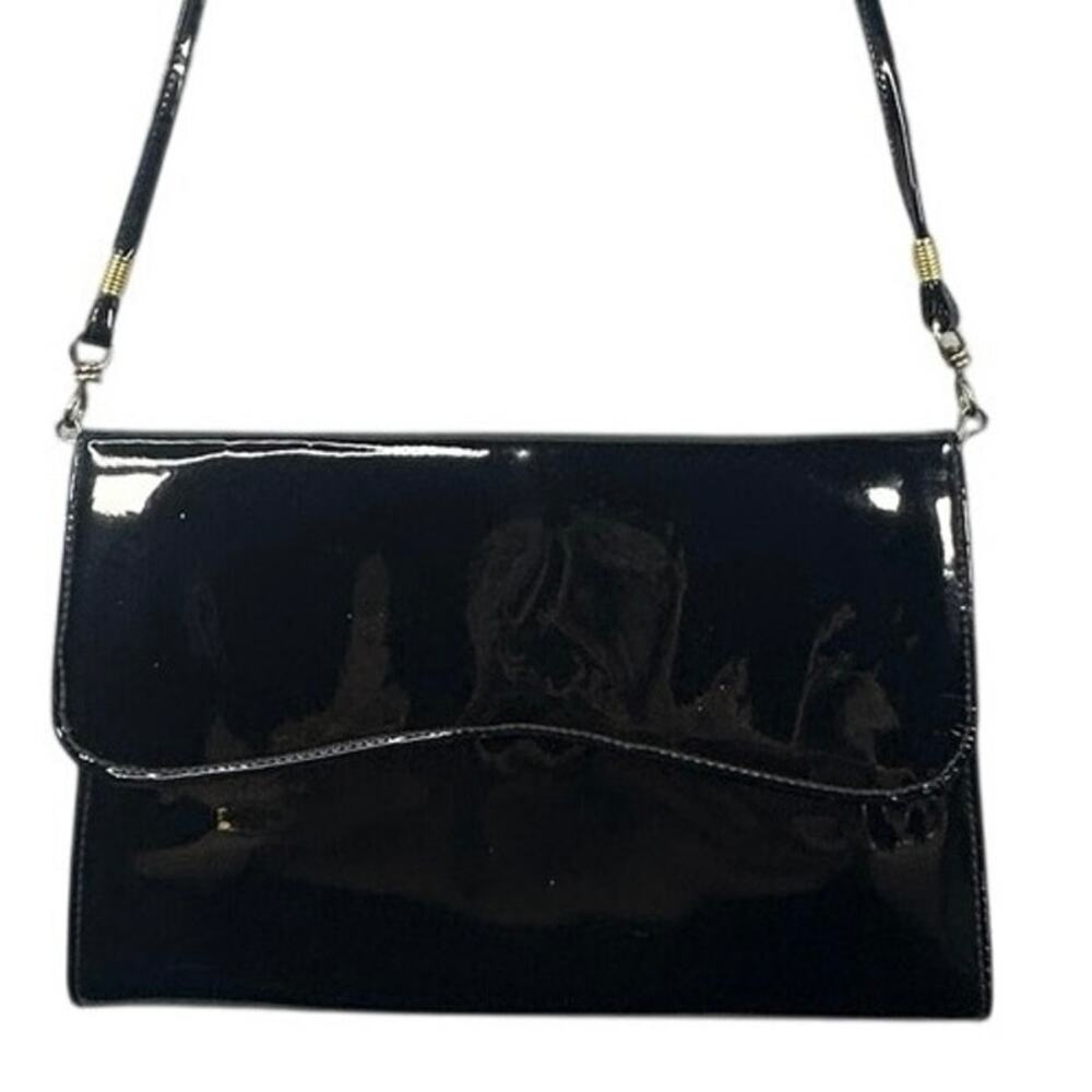Black Patent Shoulder Bag Envelope Flap Handbag Vintage